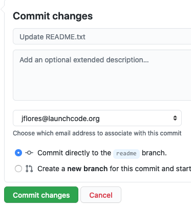 The GitHub 'Commit changes' button.