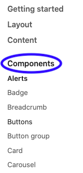 Menu options from the Bootstrap documentation, with the Components option highlighted.