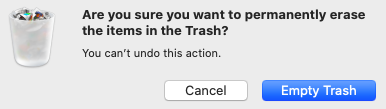 Dialog box asking if we really want to empty the trash.