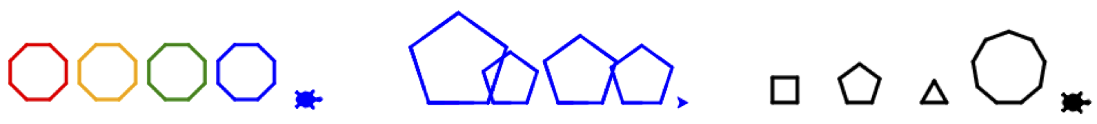 Images showing three rows of shapes with different: 1) colors, 2) sizes, 3) number of sides.