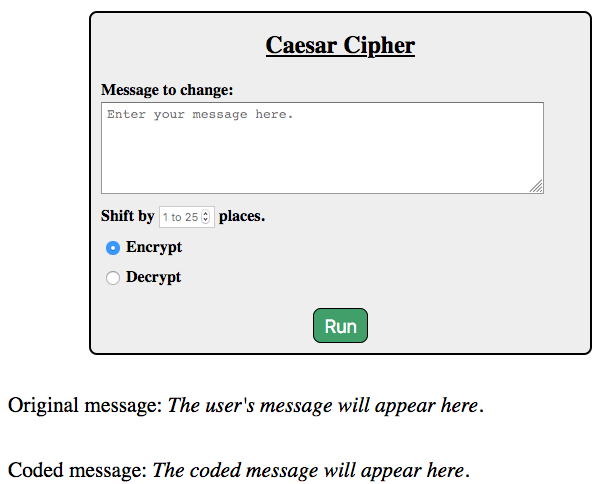 The Caesar Cipher form, with space underneath for displaying messages.