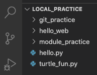 VS Code file tree showing the new git_practice directory.