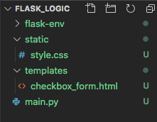 Filetree with the static, templates, and flask-env folders. Also, files style.css, main.py, and checkbox_form.html.