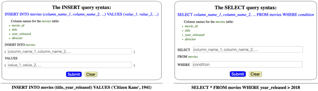 Properly formatted SQL strings displayed below the INSERT and SELECT forms.