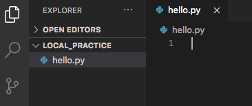 File tree for the local_practice directory. It only contains hello.py.
