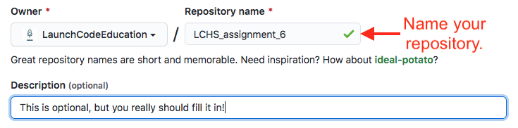 Filling in the name and description for the new repository.