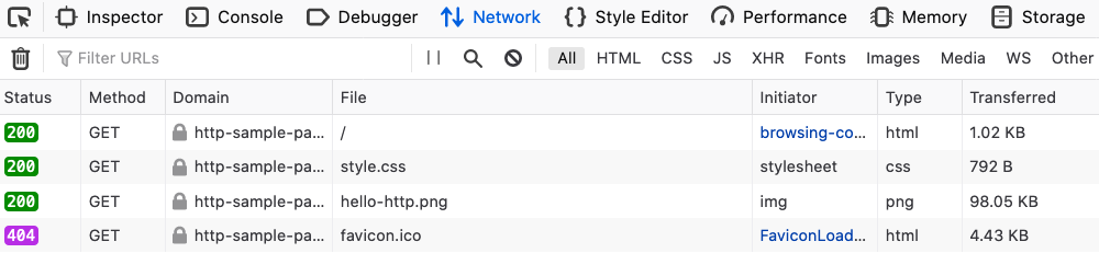 Firefox's developer tools, with several requests in the Network pane.