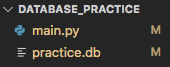 File tree highlighting changes in main.py and practice.db after adding a table.