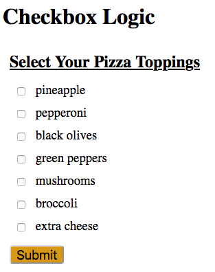A form with checkboxes to select pizza toppings.