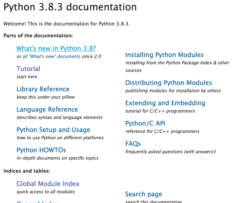The main Python Documentation page, with Global Module Index highlighted.