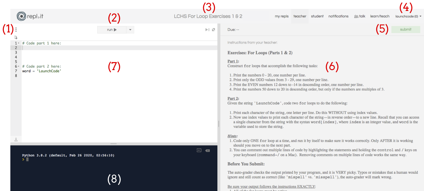 Screenshot of the repl.it classroom workspace.