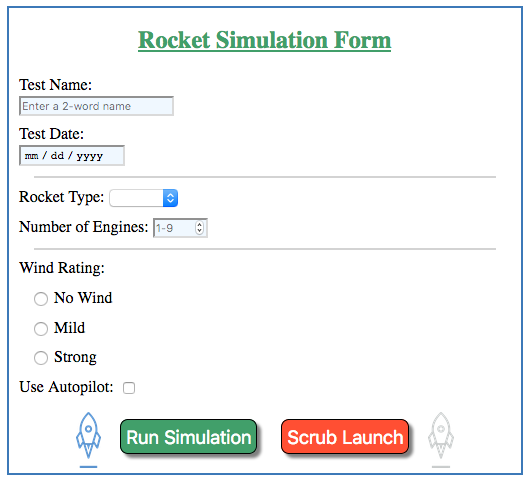 A styled Rocket Simulation form.