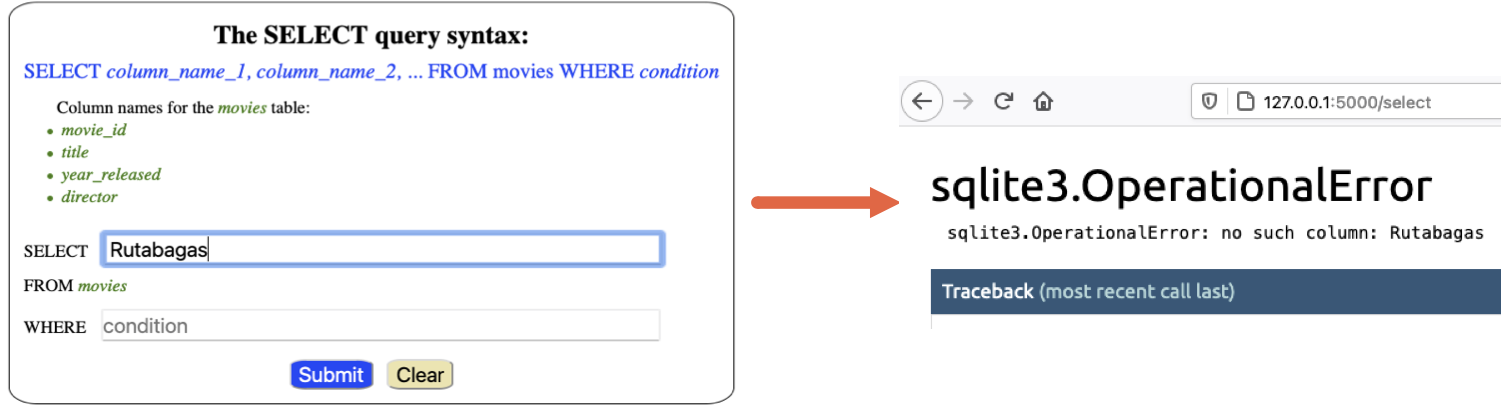 Showing an Operational Error message. The submitted column name isn't in the movies table.