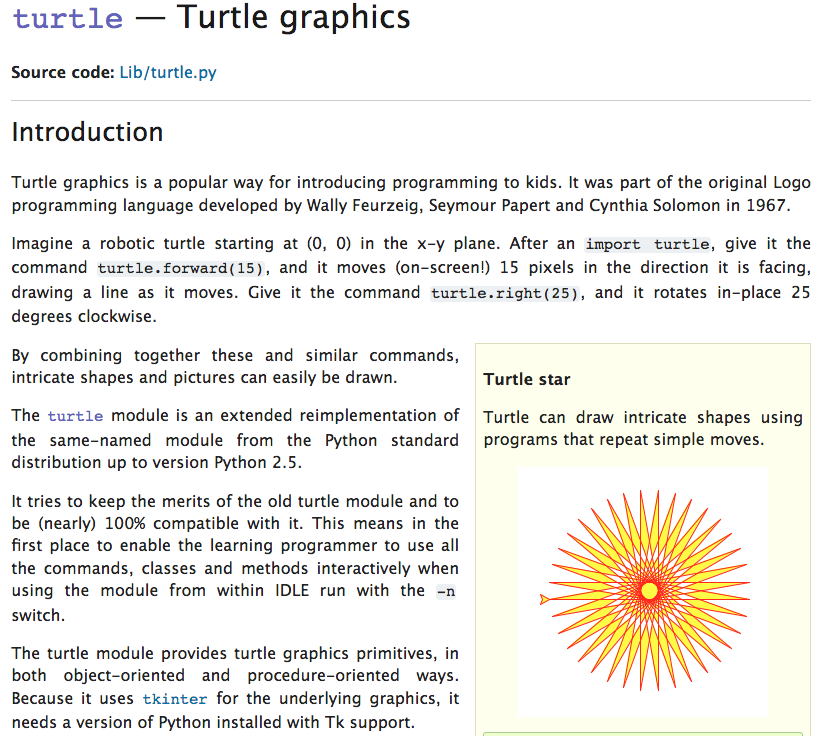 The webpage that describes the Python turtle module.