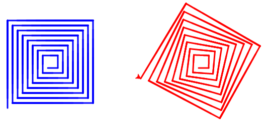Image showing two spiral shapes produced by the ``draw_spiral`` function.