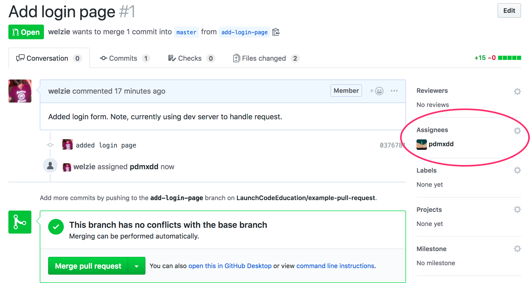 Pull request with assignee selected.