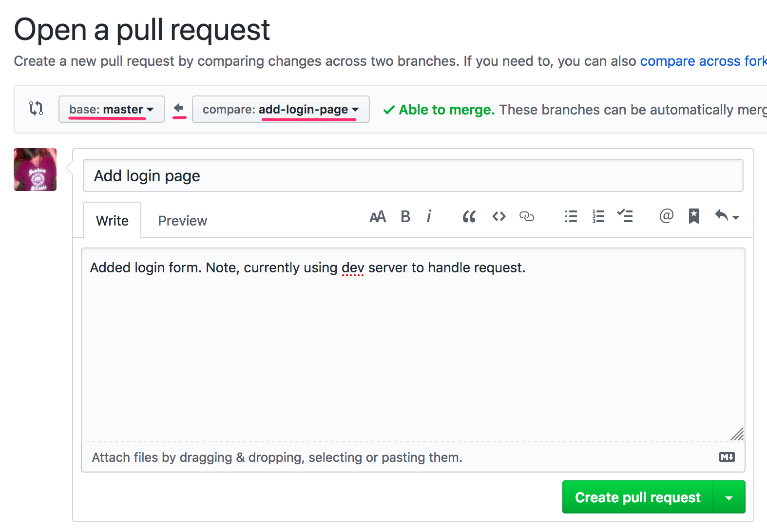 Create pull request form with branches highlighted.