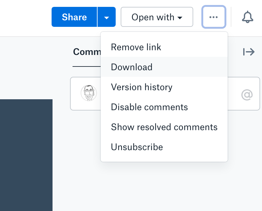The Download link is in the menu at the top right of Dropbox