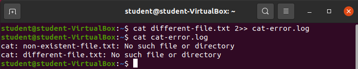 cat different-file.txt 2&raquo; cat-error.log &amp;&amp; cat cat-error.log