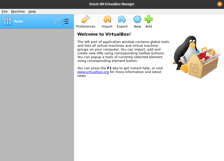 VirtualBox Manager Window