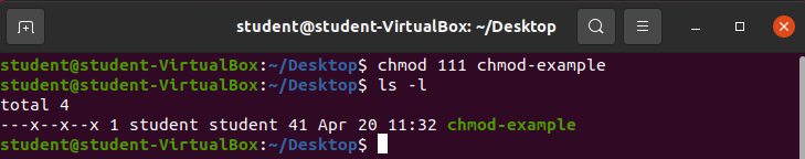 chmod 111 chmod-example &amp;&amp; ls -l output