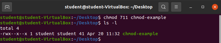 chmod 711 chmod-example &amp;&amp; ls -l output