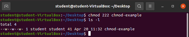 chmod 222 chmod-example &amp;&amp; ls -l output