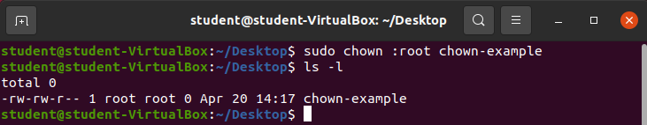 sudo chown :root chown-example &amp;&amp; ls -l output