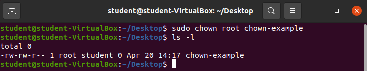 sudo chown root chown-example output &amp;&amp; ls -l