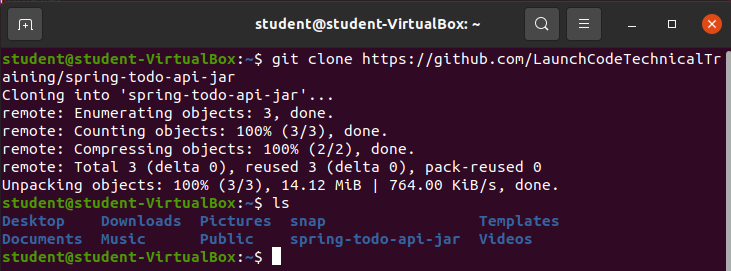 git clone https://github.com/LaunchCodeTechnicalTraining/spring-todo-api-jar &amp;&amp; ls output