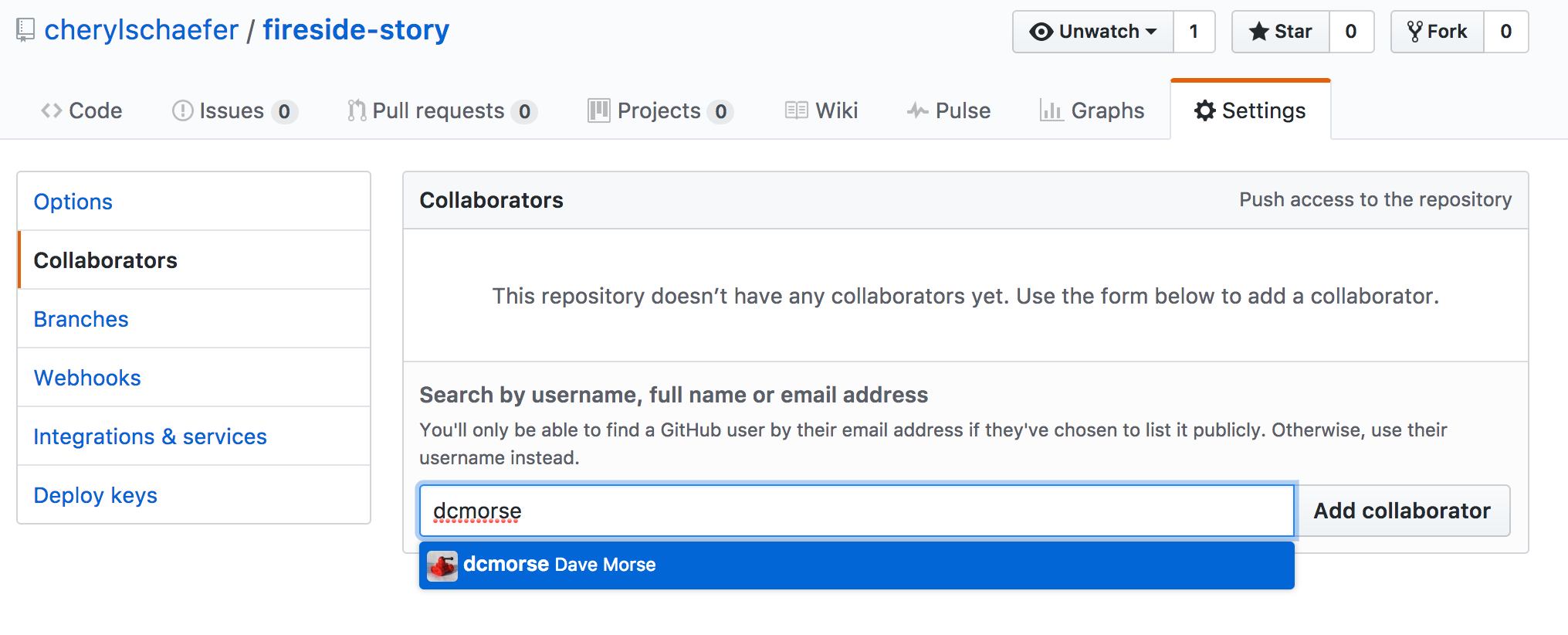Add a collaborator to your repo in GitHub
